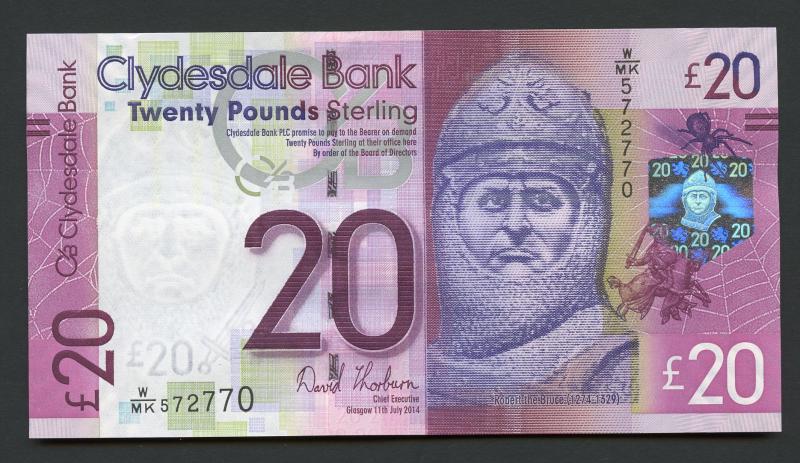 The Clydesdale Bank  PLC £20 Twenty Pounds Banknote Dated 11th July 2014