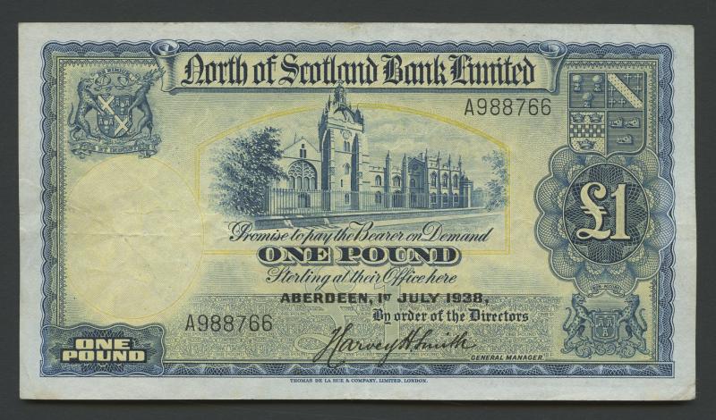 North of Scotland Bank £1 One Pound Note Dated 1st July 1938