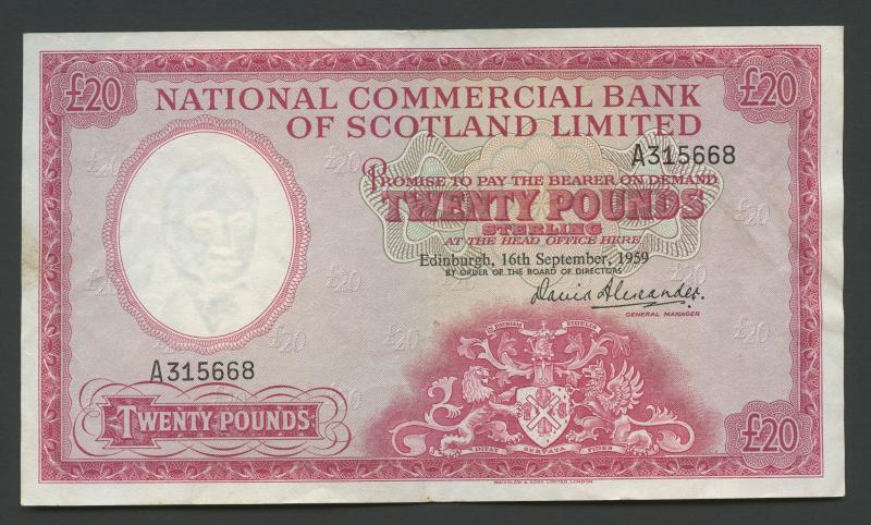 National Commercial Bank of Scotland  £20  Twenty Pounds Banknote Dated Edinburgh 16th September 1959