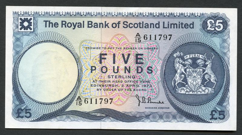 Royal Bank Of Scotland £5 Five Pounds Note  Dated 2nd April 1973