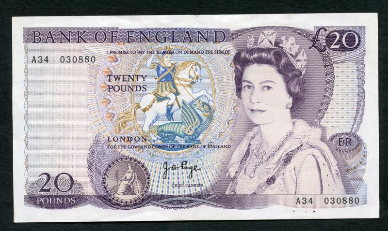 Bank of England  £20 Twenty Pounds Note  Date 1970  Signatory J B Page