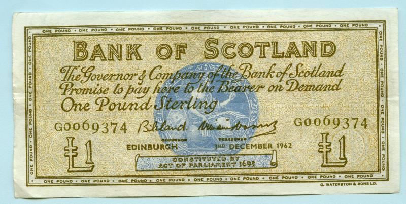 Bank of Scotland £1 One  Pound Note Dated 3rd December 1962