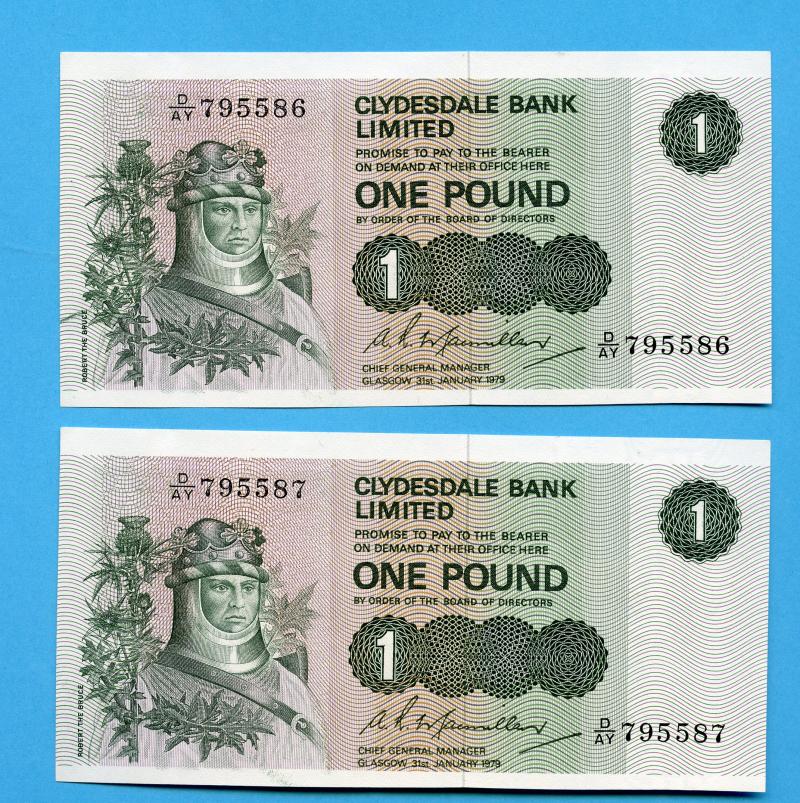 Pair of Clydesdale Bank  £1 One  Pound Notes Dated 31st January 1979