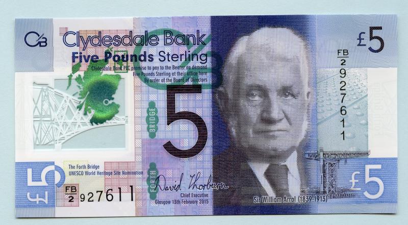 Clydesdale Bank  Forth Rail Bridge Commemorative  New Polymer Five £5 Banknote  Dated 13th February 2015 Prefix FB2