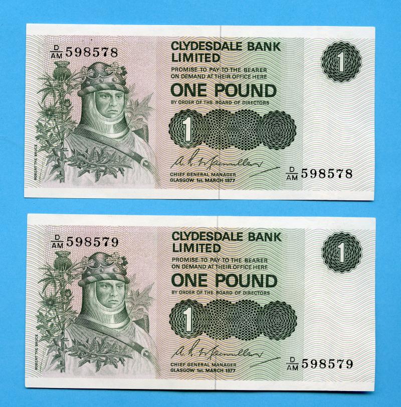 Pair of Clydesdale Bank  £1 One  Pound Notes Dated 1st March 1977