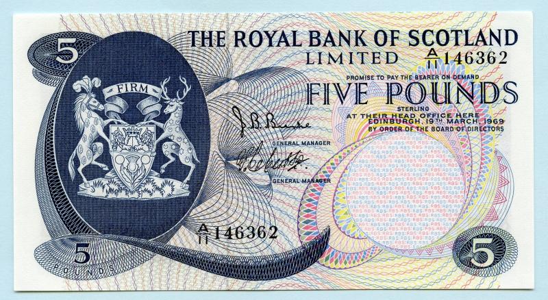 Royal Bank of Scotland £5 Five Pounds Note Dated 19th March 1969.