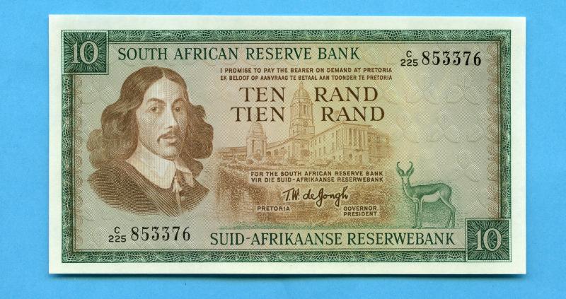 South Africa   Ten Rand Banknote 1967-  Signature T.W. de Jongh,  Watermark Springbok