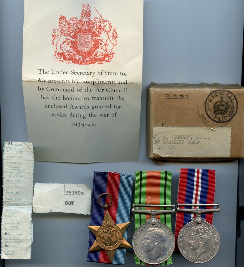 WW2 Boxed Royal Air Force Medal Group To  Sgt J. A. Hannan ( From Renfrew)