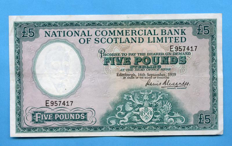 National Commercial Bank of Scotland  £5 Five Pounds Banknote Dated Edinburgh 16th September 1959