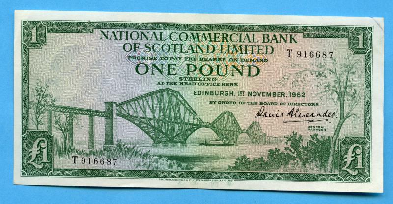 National Commercial Bank of Scotland  £1 One Pound Banknote Dated Edinburgh 1st November 1962