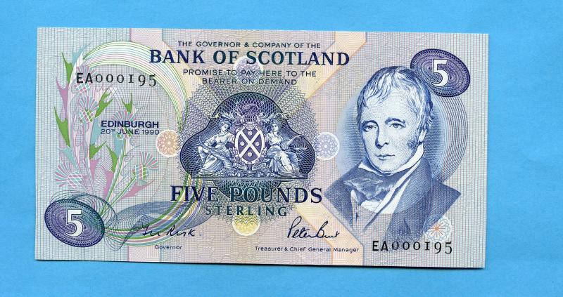 Bank of Scotland £5 Five  Pounds Note Dated  20th June 1990