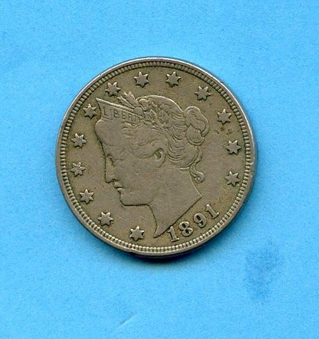 U.S.A Nickel Five Cents Coin Dated 1891