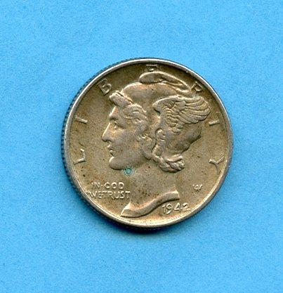 U.S.A Silver Dime  10 Cents Coin Dated 1942