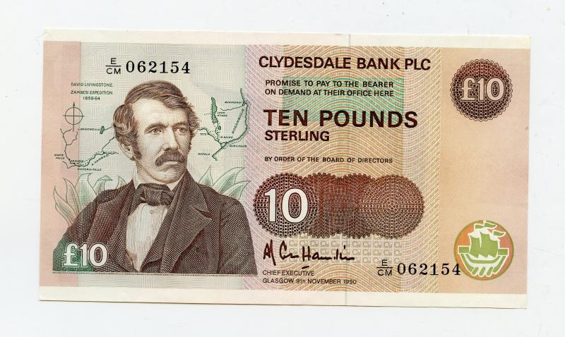 The Clydesdale Bank £10 Ten Pounds Banknote Dated 9th November 1990