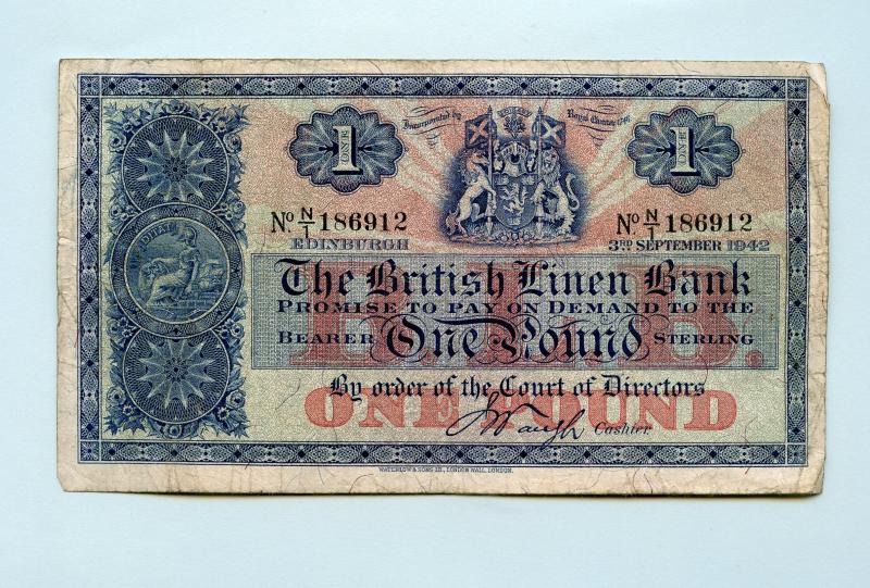 British Linen Bank  £1 One Pound Banknote Dated 3rd September 1942
