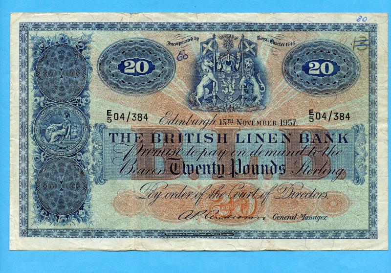 British Linen Bank  £20 Twenty Pounds Banknote Dated  Edinburgh 15th November 1955