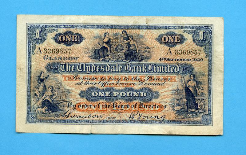 Clydesdale Bank  £1 One  Pound Note Dated 4th September 1929
