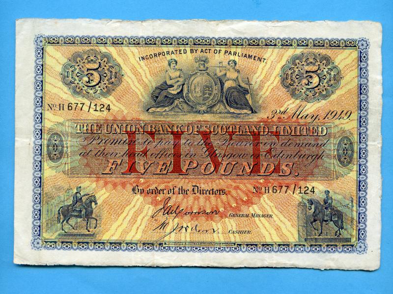 The Union Bank of Scotland £5 Five Pounds Banknote Dated 3rd May 1949