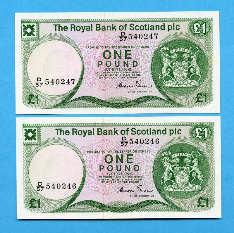 Royal Bank of Scotland  Pair of £1 One Pound Notes Dated 1st May 1986