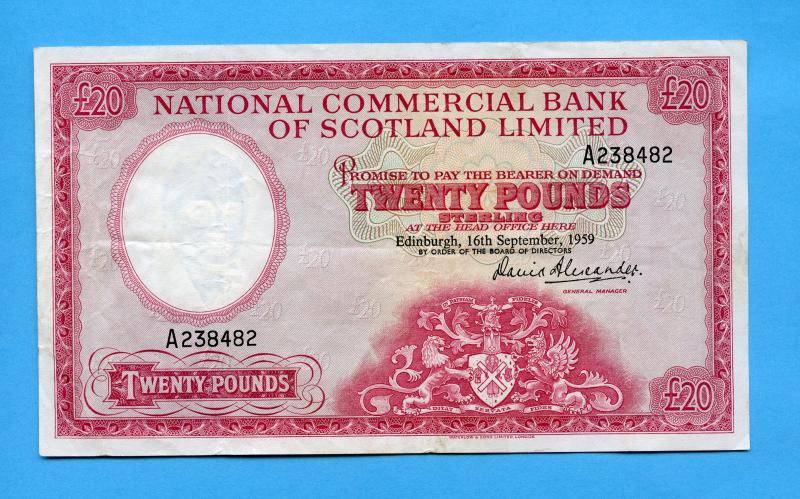 National Commercial Bank of Scotland  £20  Twenty Pounds Banknote Dated 16th September 1959
