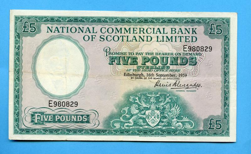National Commercial Bank of Scotland  £5  Five Pounds Banknote Dated 16th September 1959