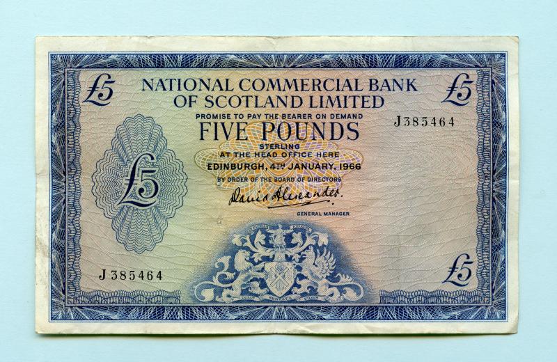 National Commercial Bank of Scotland  £5  Five Pounds Banknote Dated 4th January 1966