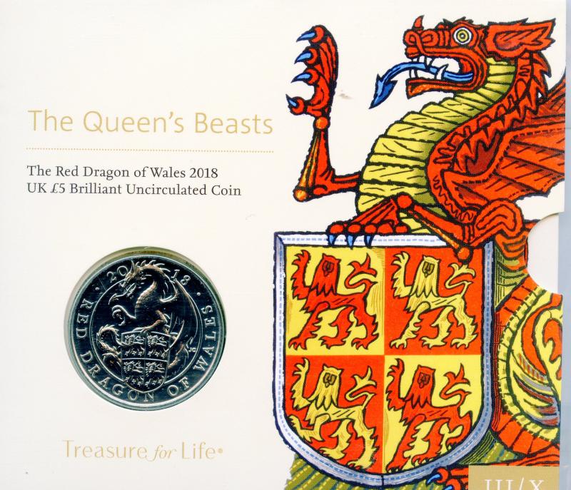 UK Royal Mint 2018 The Queen's Beasts The Red Dragon of Wales Brilliant Uncirculated £5 Coin