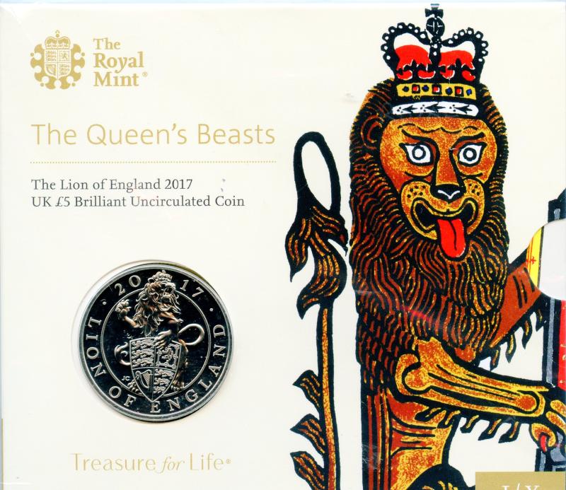 UK Royal Mint 2017 The Queen's Beasts The Lion of England Brilliant Uncirculated £5 Coin