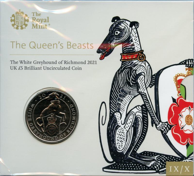 UK Royal Mint 2021 The Queen's Beasts The White Greyhound of Richmond Brilliant Uncirculated £5 Coin