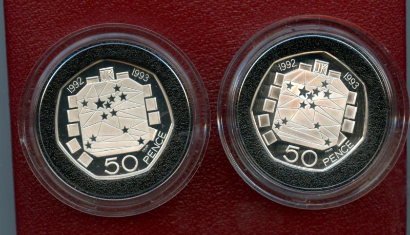 UK 1992-1993  Pair of  EEC Council  Silver Proof 50 pence coins