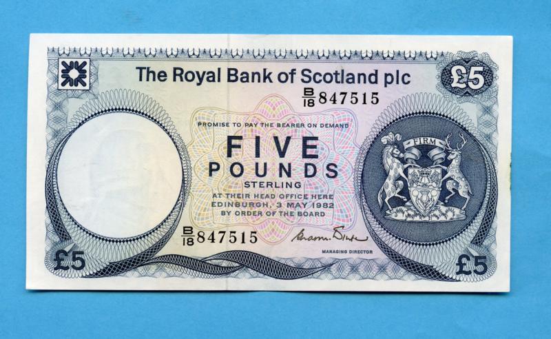 Royal Bank of Scotland  £5 Five  Pound Note Dated 3rd May 1982