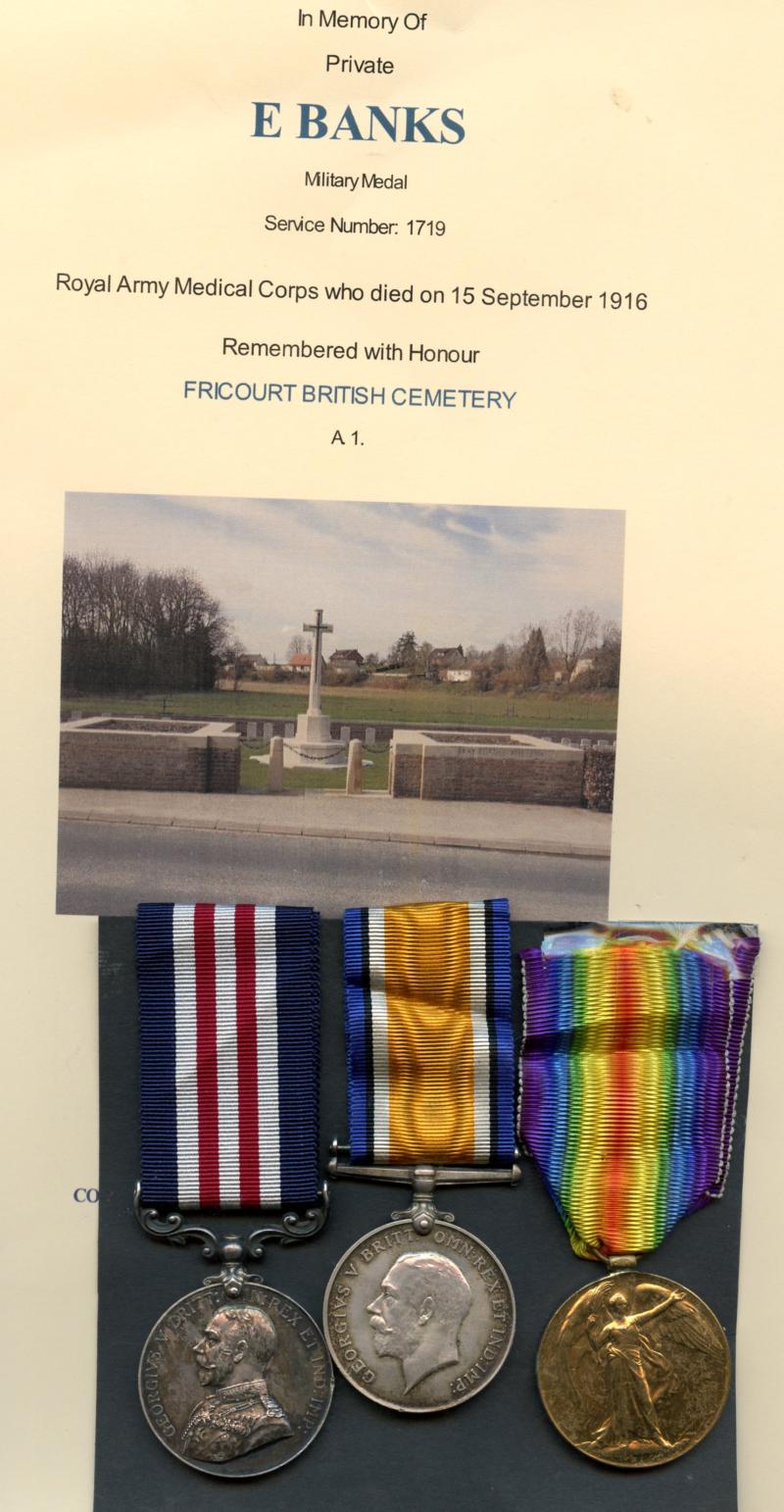 WW1 Military Medal Group To Pte Ernest Banks,  Royal Army Medical Corps  Att 1/4(London)Fd Coy RE ( Killed in Action)