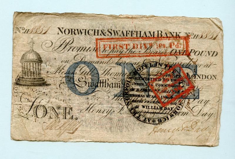 England Norwich & Swaffham Bank £1 One Pound Note 1825