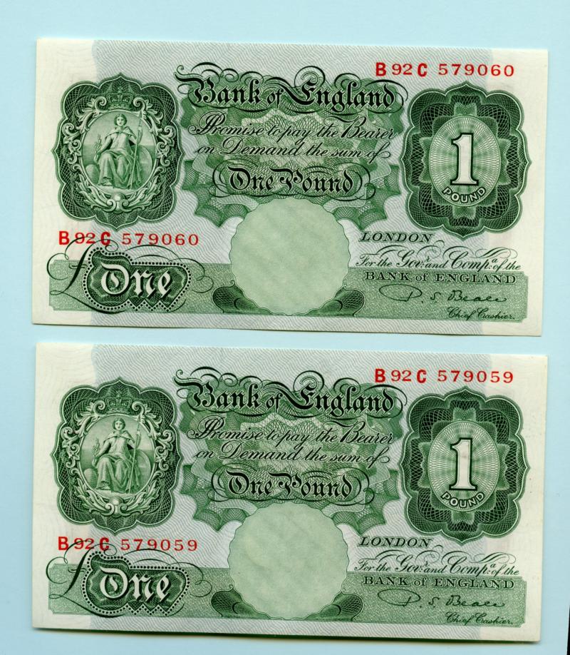 Pair Bank of England £1 One Pound Notes  March 1950