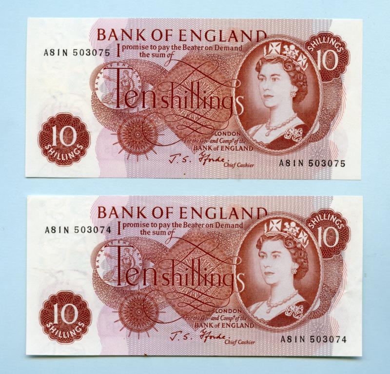 Pair of Bank of England  Ten Shillings Notes  February 1967