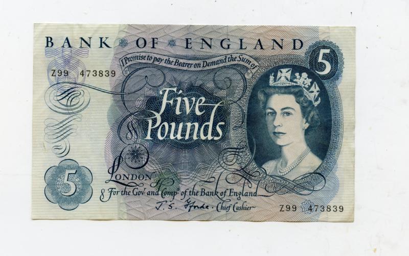 Bank of England  £5 Five Pounds Note January 1967