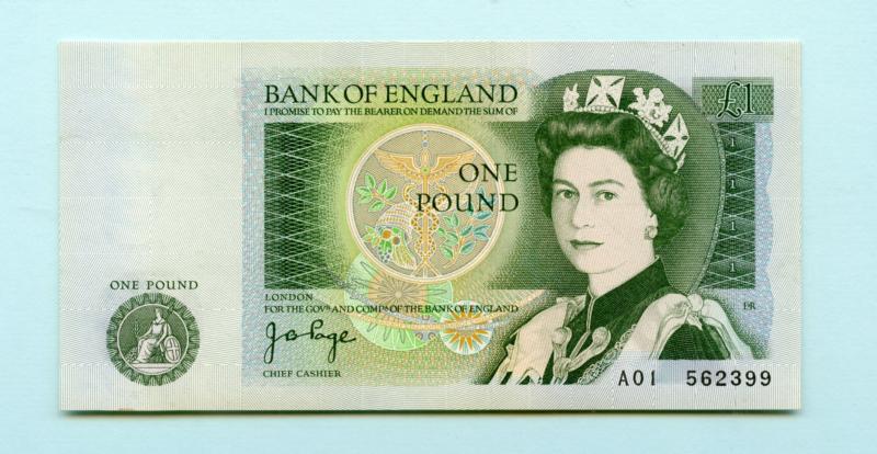 Bank of England  £1 One Pound Note  February 1978 First small portrait issue Prefix A01