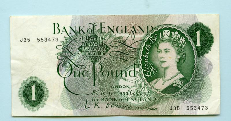 Bank of England  £1 One Pound Note  March 1960 Prefix J35