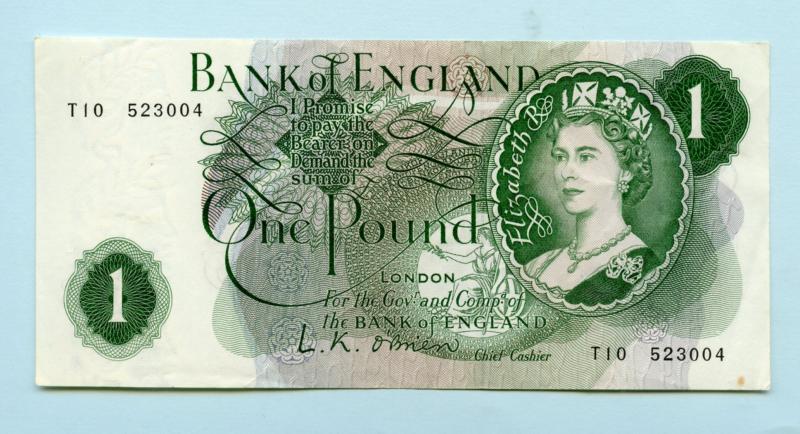 Bank of England  £1 One Pound Note  March 1960 Prefix T10