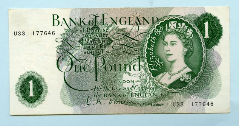 Bank of England  £1 One Pound Note  March 1960 Prefix U33