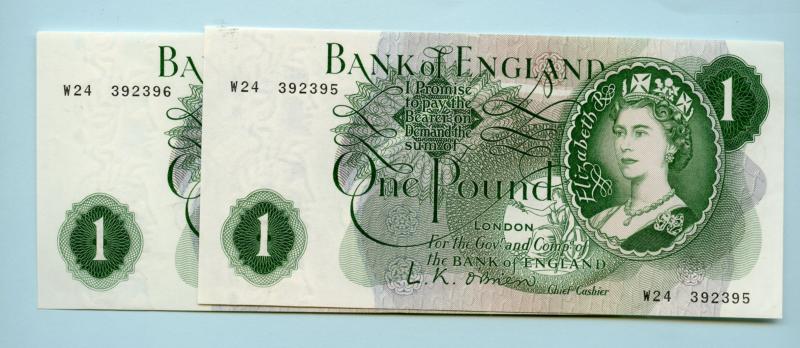 Pair of Consecutive  Uncirculated Bank of England  £1 One Pound Notes  Prefix W24