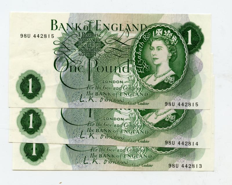 3 Consecutive Uncirculated Bank of England  £1 One Pound Notes  March 1960 Prefix 98U