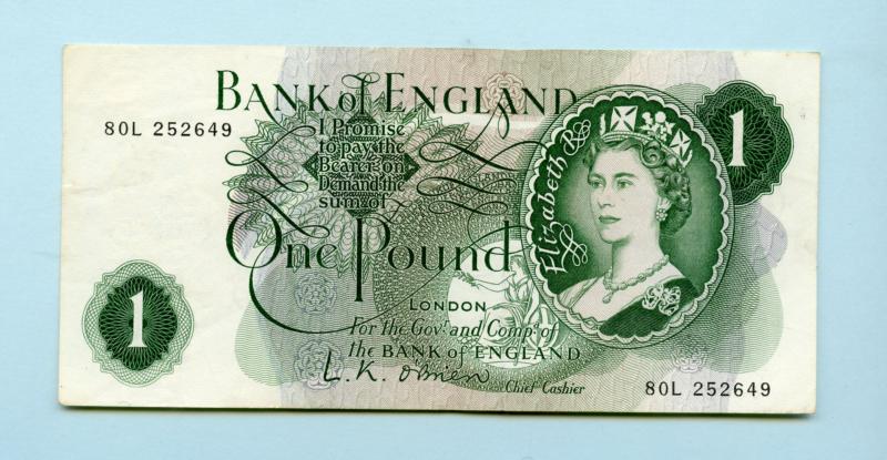 Bank of England  £1 One Pound Note  March 1960 Prefix 80L
