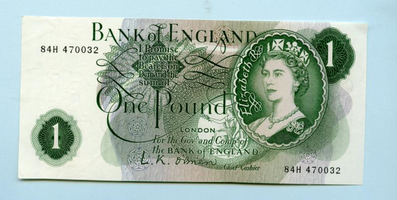 Bank of England  £1 One Pound Note  March 1960 Prefix 84H