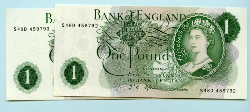 Pair of Consecutive Bank of England £1  One Pound Notes  February 1967