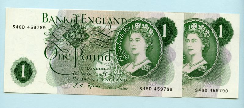 Pair of Consecutive Bank of England £1  One Pound Notes  February 1967