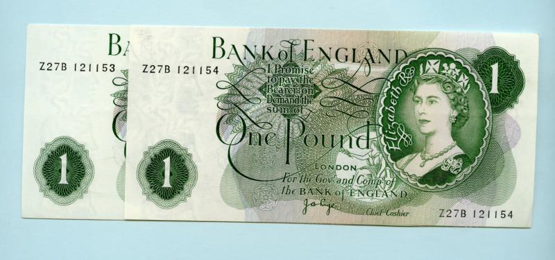 Pair of Consecutive  Bank of England  £1 One Pound Notes  1970- Prefix Z27B