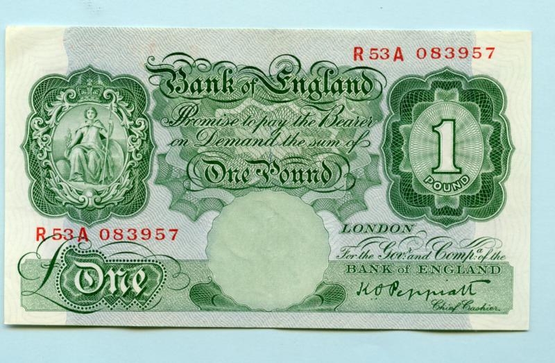 Bank of England £1 One Pound Note  September 1948 Prefix R53A First Series