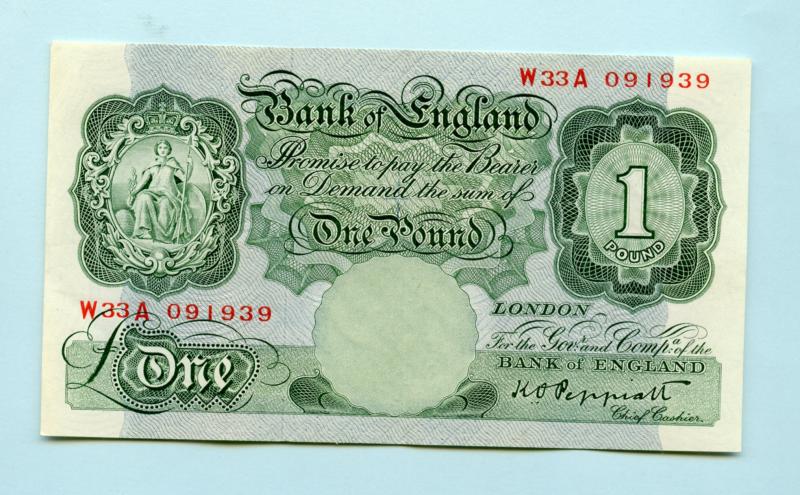 Bank of England £1 One Pound Note  September 1948 Prefix W33A