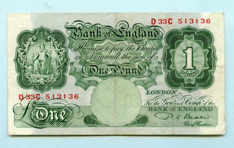 Bank of England £1 One Pound Note  March 1950 Prefix D33C